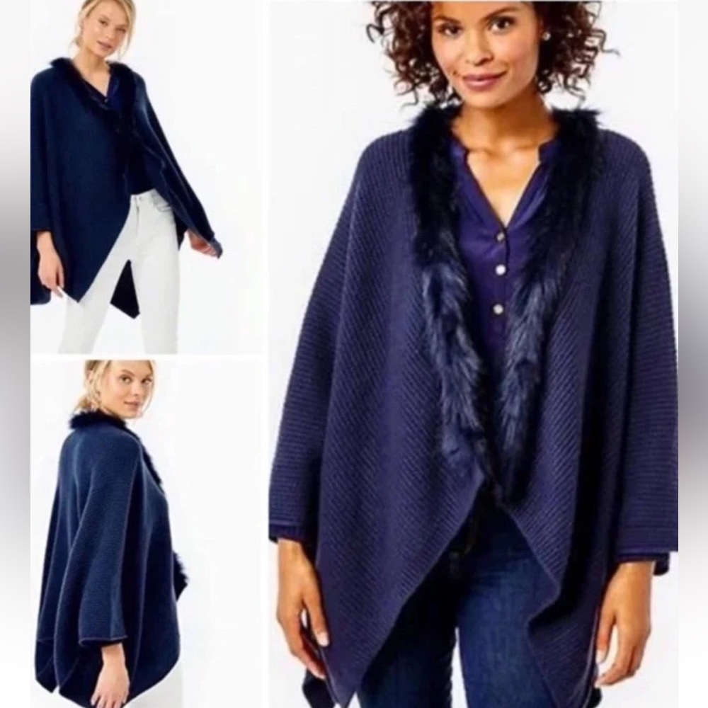 NWOT Lilly Pulitzer Navy Raine Faux Fur Trim Wrap One Size - Picture 2 of 2